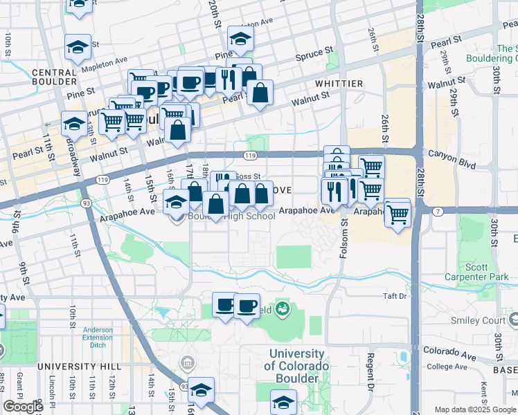 map of restaurants, bars, coffee shops, grocery stores, and more near in Boulder