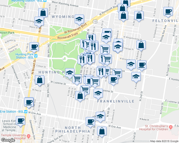 map of restaurants, bars, coffee shops, grocery stores, and more near 4130 North Franklin Street in Philadelphia