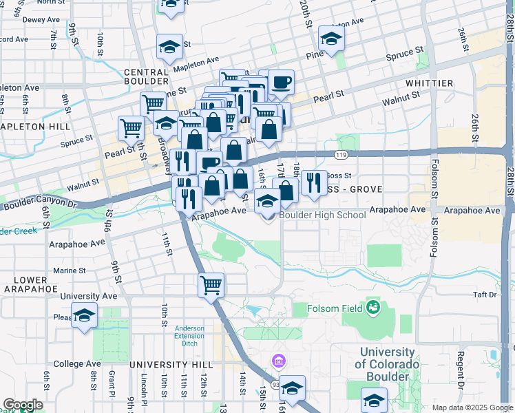 map of restaurants, bars, coffee shops, grocery stores, and more near 1525 Arapahoe Avenue in Boulder