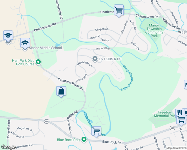 map of restaurants, bars, coffee shops, grocery stores, and more near 1012 Monticello Lane in Lancaster