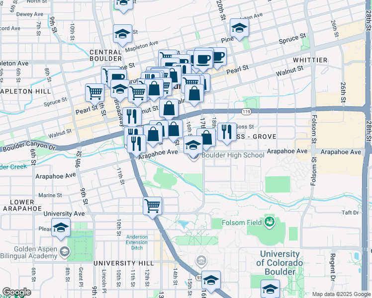 map of restaurants, bars, coffee shops, grocery stores, and more near 1525 Arapahoe Avenue in Boulder