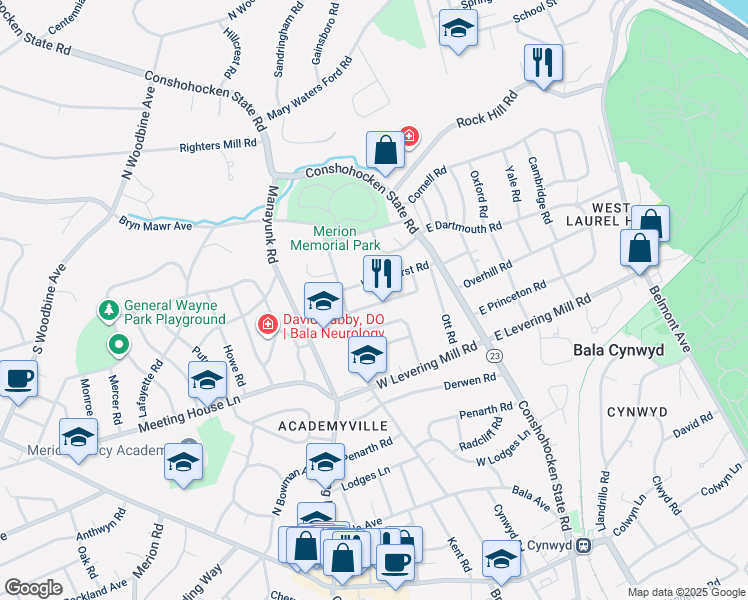 map of restaurants, bars, coffee shops, grocery stores, and more near 77 Academy Road in Bala Cynwyd