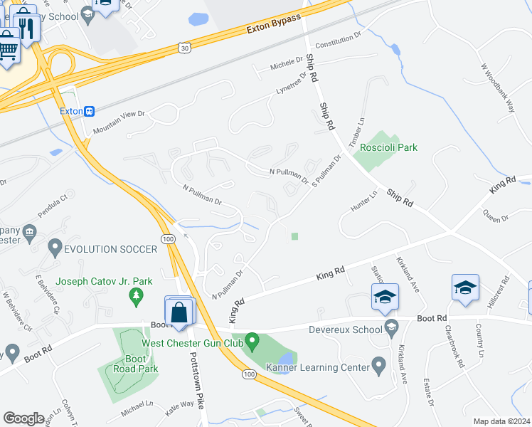 map of restaurants, bars, coffee shops, grocery stores, and more near 1058 Harriman Court in West Chester