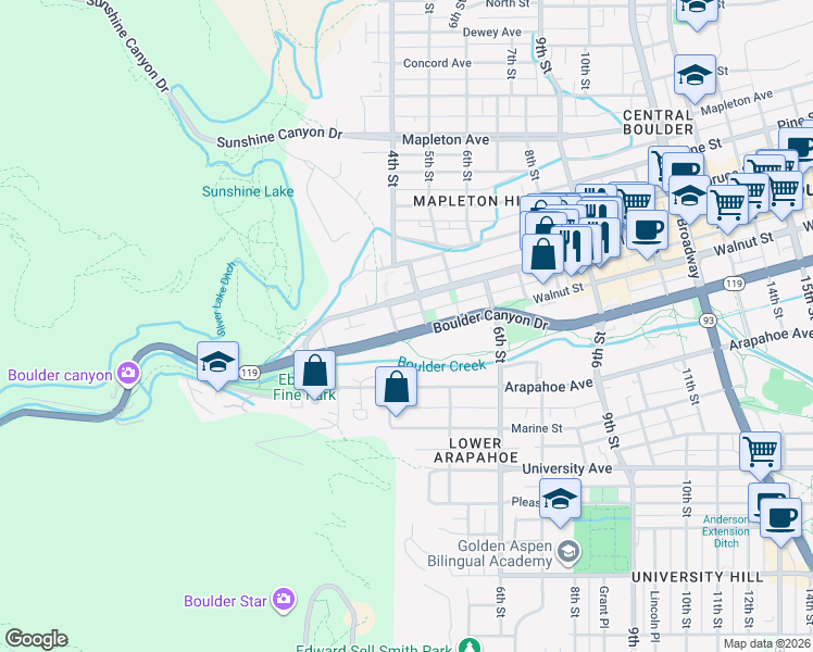 map of restaurants, bars, coffee shops, grocery stores, and more near 315 Canyon Boulevard in Boulder