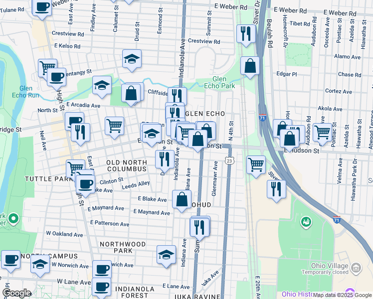 map of restaurants, bars, coffee shops, grocery stores, and more near 355 East Hudson Street in Columbus