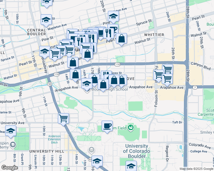map of restaurants, bars, coffee shops, grocery stores, and more near 1843 Arapahoe Avenue in Boulder