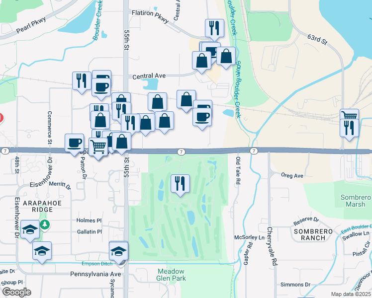 map of restaurants, bars, coffee shops, grocery stores, and more near 5721 Arapahoe Avenue in Boulder