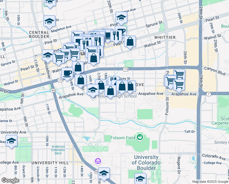 map of restaurants, bars, coffee shops, grocery stores, and more near 1843 Arapahoe Avenue in Boulder
