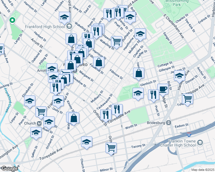 map of restaurants, bars, coffee shops, grocery stores, and more near 4721 Mulberry Street in Philadelphia