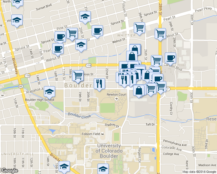 map of restaurants, bars, coffee shops, grocery stores, and more near 2221 Grove Circle East in Boulder