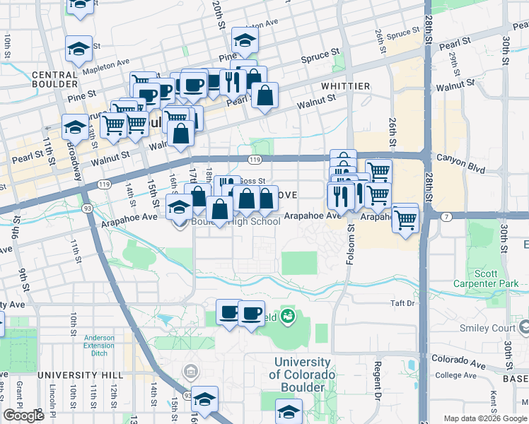map of restaurants, bars, coffee shops, grocery stores, and more near in Boulder