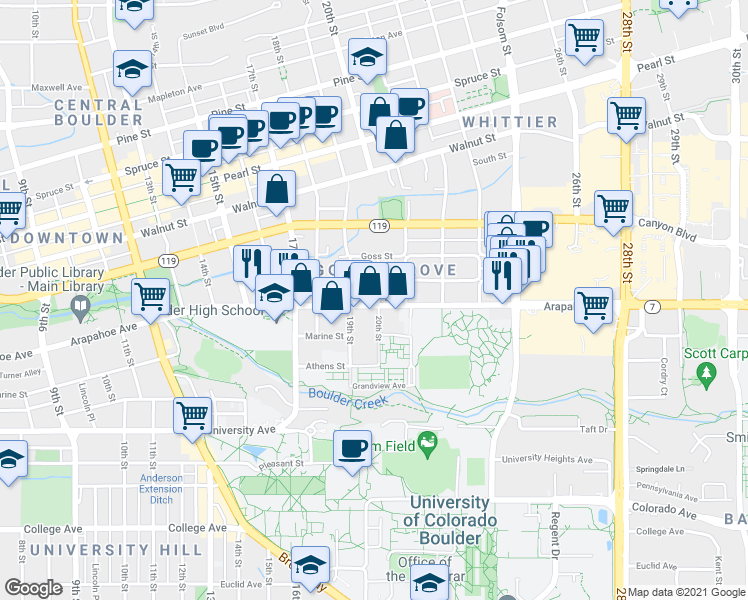 map of restaurants, bars, coffee shops, grocery stores, and more near in Boulder