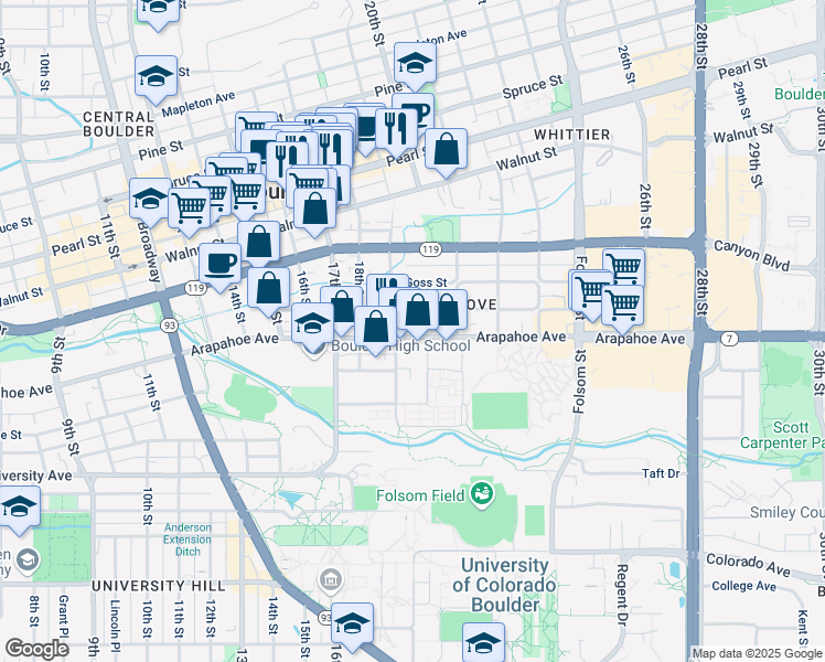 map of restaurants, bars, coffee shops, grocery stores, and more near 1843 Arapahoe Avenue in Boulder