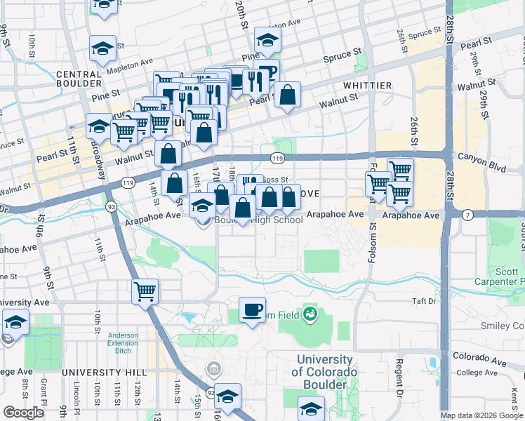 map of restaurants, bars, coffee shops, grocery stores, and more near in Boulder