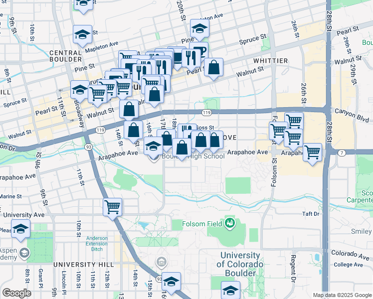 map of restaurants, bars, coffee shops, grocery stores, and more near 1843 Arapahoe Avenue in Boulder