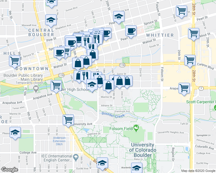 map of restaurants, bars, coffee shops, grocery stores, and more near 1803 Grove Street in Boulder