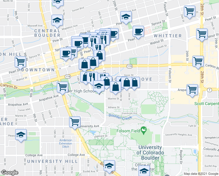 map of restaurants, bars, coffee shops, grocery stores, and more near 1803 Grove Street in Boulder