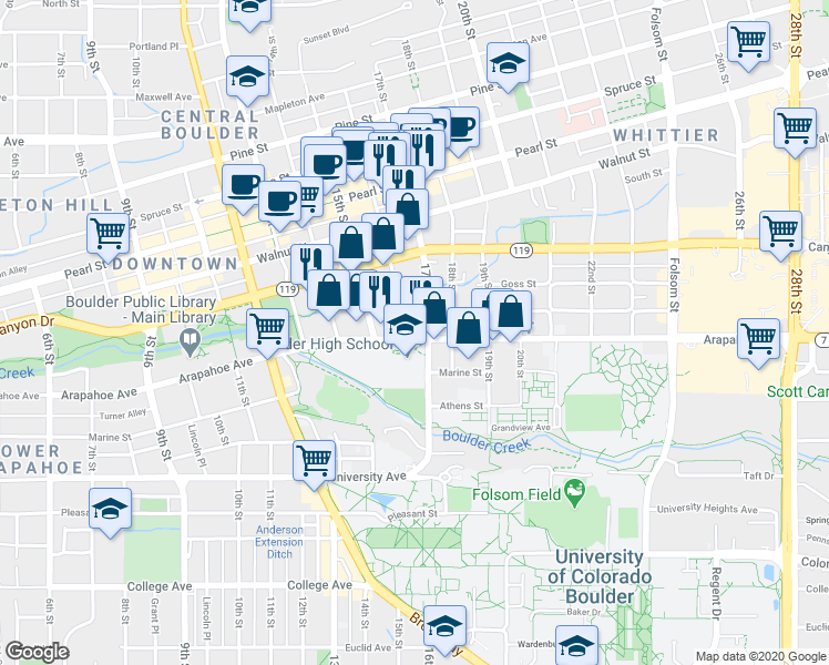 map of restaurants, bars, coffee shops, grocery stores, and more near 1631 Grove Street in Boulder