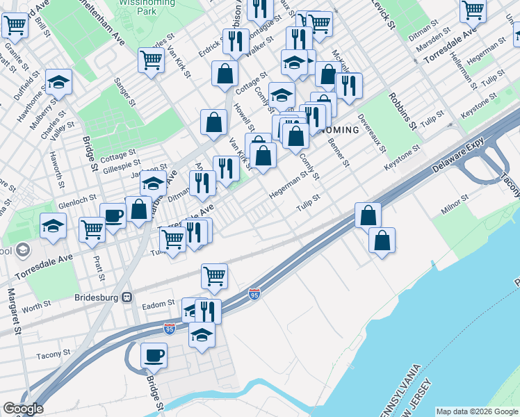 map of restaurants, bars, coffee shops, grocery stores, and more near 4728 Van Kirk Street in Philadelphia