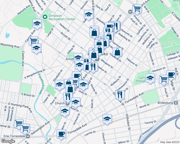 map of restaurants, bars, coffee shops, grocery stores, and more near 4622 Frankford Avenue in Philadelphia