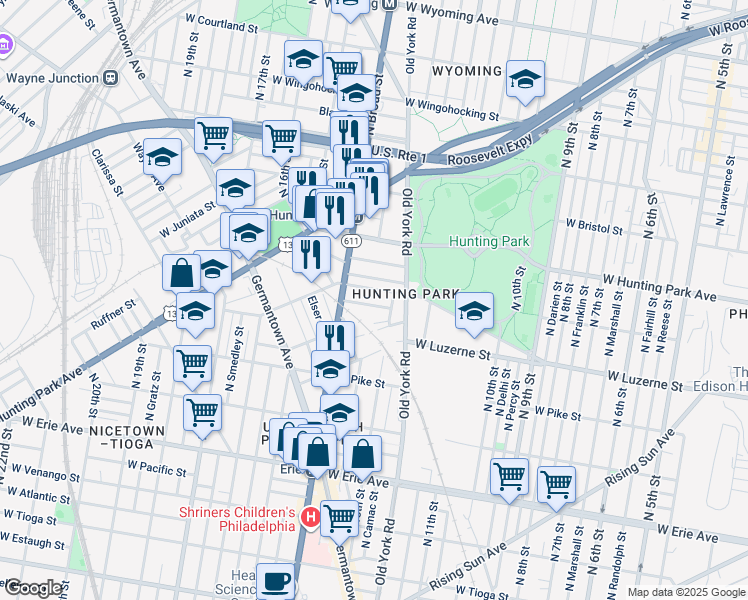 map of restaurants, bars, coffee shops, grocery stores, and more near 1341 Colwyn Street in Philadelphia