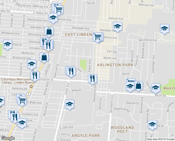 map of restaurants, bars, coffee shops, grocery stores, and more near 2326 Taylor Avenue in Columbus