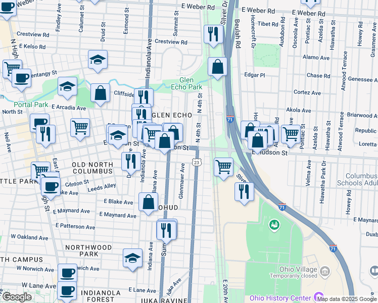 map of restaurants, bars, coffee shops, grocery stores, and more near 2525 North 4th Street in Columbus