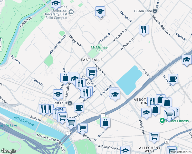 map of restaurants, bars, coffee shops, grocery stores, and more near 3341 Tilden Street in Philadelphia