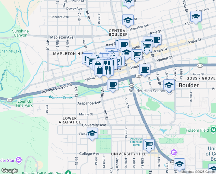 map of restaurants, bars, coffee shops, grocery stores, and more near 1001 Arapahoe Avenue in Boulder