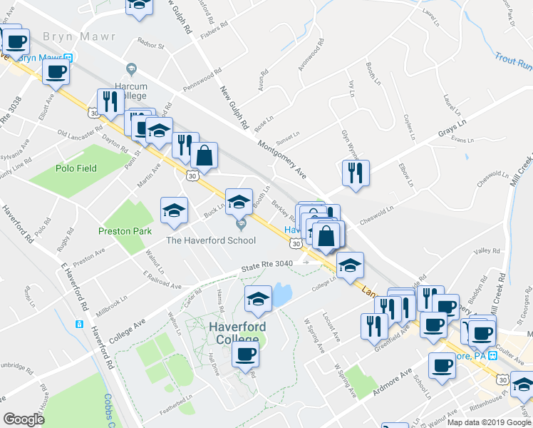 map of restaurants, bars, coffee shops, grocery stores, and more near 100 Llanalew Road in Haverford
