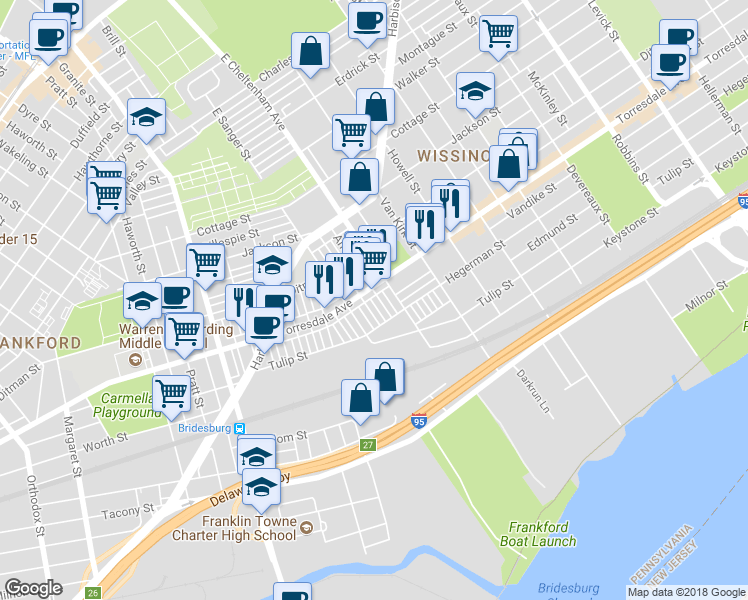 map of restaurants, bars, coffee shops, grocery stores, and more near 2112 Anchor Street in Philadelphia