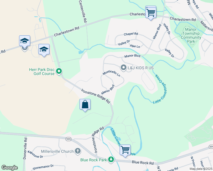 map of restaurants, bars, coffee shops, grocery stores, and more near 1099 Monticello Lane in Lancaster