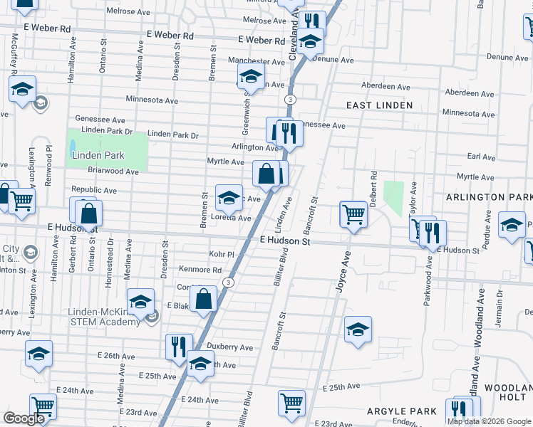 map of restaurants, bars, coffee shops, grocery stores, and more near 2338 Cleveland Avenue in Columbus