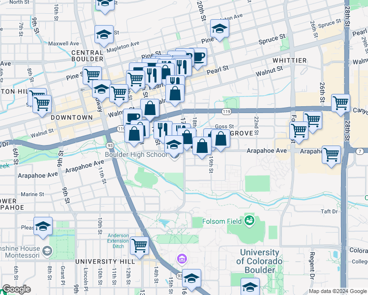 map of restaurants, bars, coffee shops, grocery stores, and more near 1531 17th Street in Boulder