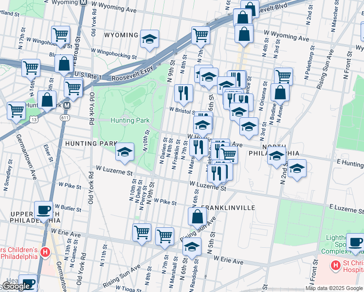 map of restaurants, bars, coffee shops, grocery stores, and more near 4138 North 7th Street in Philadelphia
