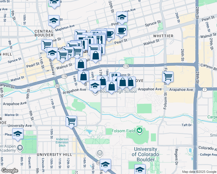 map of restaurants, bars, coffee shops, grocery stores, and more near 1514 18th Street in Boulder
