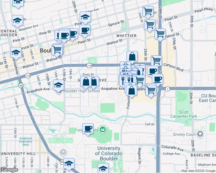 map of restaurants, bars, coffee shops, grocery stores, and more near 2221 Grove Circle East in Boulder