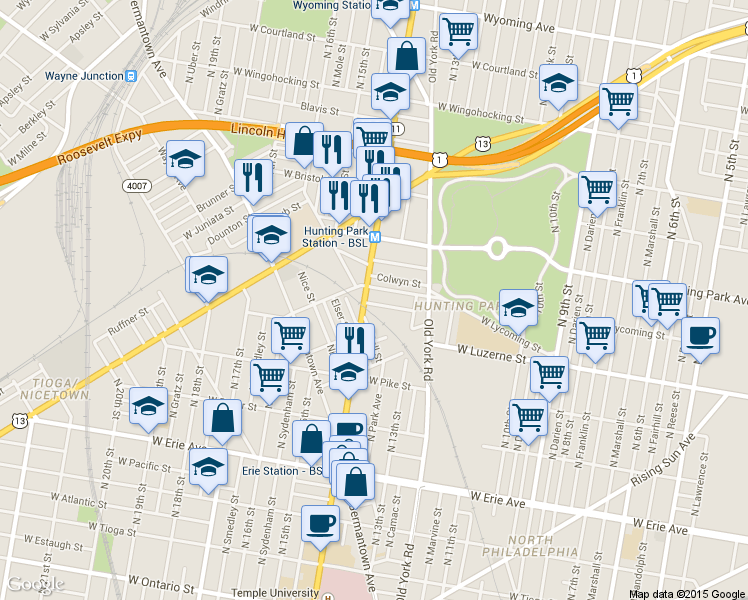 map of restaurants, bars, coffee shops, grocery stores, and more near 4037 North Broad Street in Philadelphia
