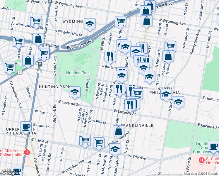 map of restaurants, bars, coffee shops, grocery stores, and more near 4138 North 7th Street in Philadelphia