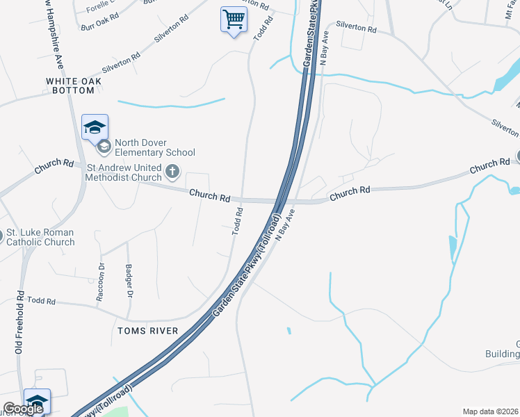 map of restaurants, bars, coffee shops, grocery stores, and more near 1749 Todd Road in Toms River