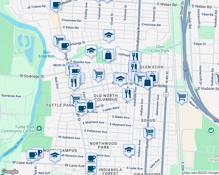 map of restaurants, bars, coffee shops, grocery stores, and more near 222-224 East Hudson Street in Columbus