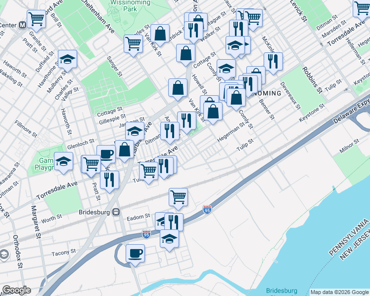 map of restaurants, bars, coffee shops, grocery stores, and more near 2088 Anchor Street in Philadelphia