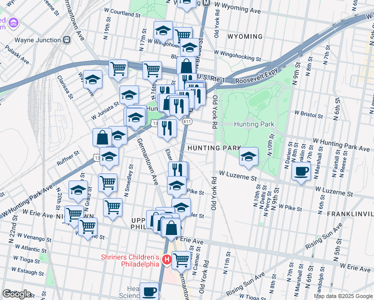 map of restaurants, bars, coffee shops, grocery stores, and more near 4037 North Broad Street in Philadelphia