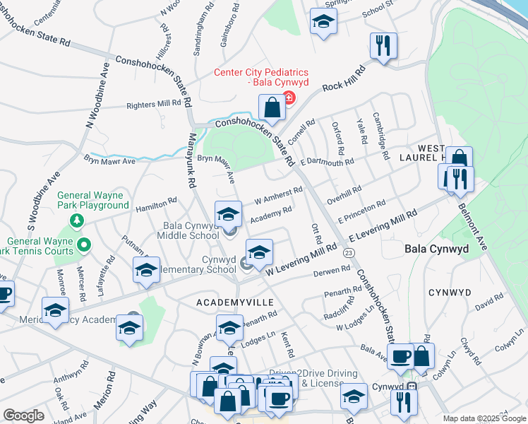 map of restaurants, bars, coffee shops, grocery stores, and more near 77 Academy Road in Bala Cynwyd