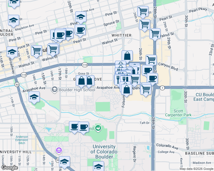 map of restaurants, bars, coffee shops, grocery stores, and more near 2221 Grove Circle East in Boulder
