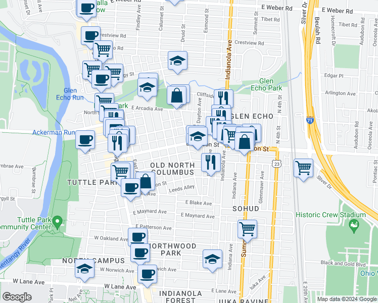 map of restaurants, bars, coffee shops, grocery stores, and more near 228 E Kinnear Alley in Columbus