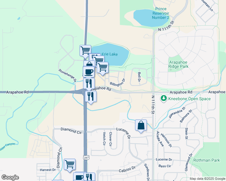 map of restaurants, bars, coffee shops, grocery stores, and more near 10820 Arapahoe Road in Lafayette