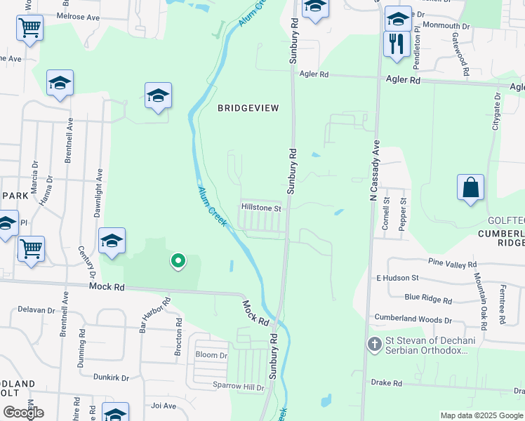map of restaurants, bars, coffee shops, grocery stores, and more near 2193 Rustic Ledge Drive in Columbus
