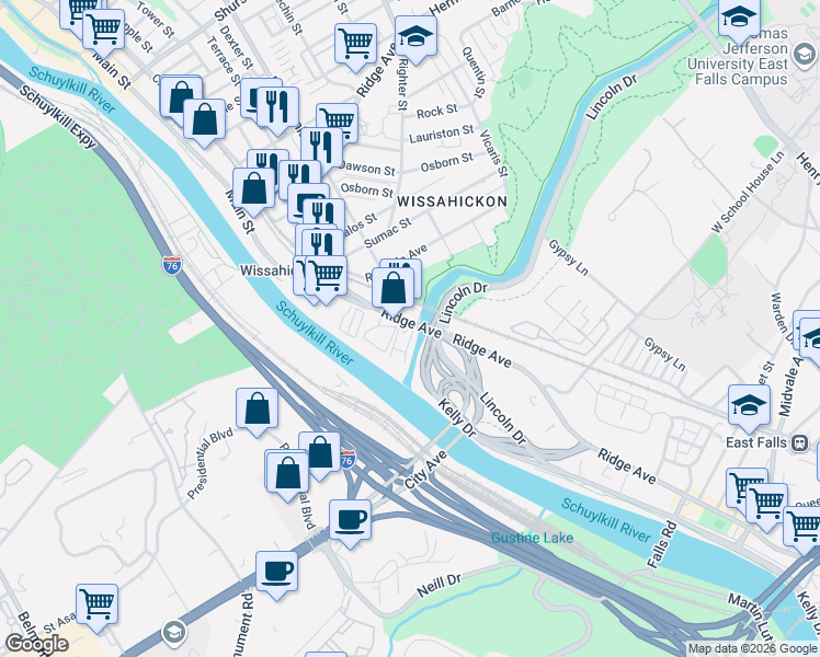 map of restaurants, bars, coffee shops, grocery stores, and more near 4918 Ridge Avenue in Philadelphia