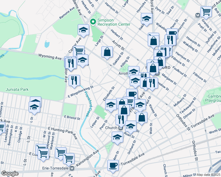 map of restaurants, bars, coffee shops, grocery stores, and more near 4418 Elizabeth Street in Philadelphia